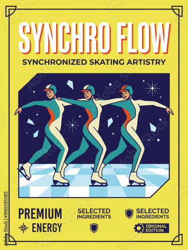 Synchronized skating artistry label design featuring skaters in motion with premium energy focus