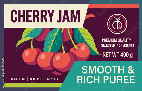 Cherry jam packaging label shows selected ingredients and clean recipe for a flavorful experience in a 400 gram container