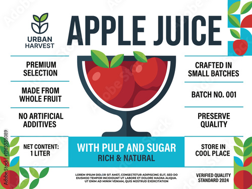 Vector label design for apple juice packaging featuring details about ingredients and storage instructions