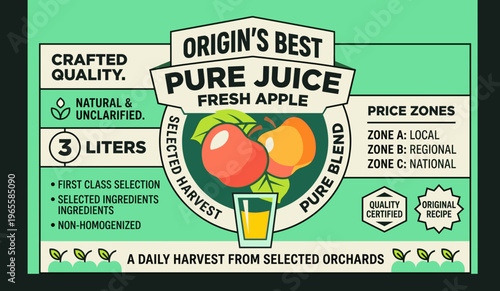 Packaging label for fresh apple juice from Origin's Best with details on quality and pricing zones