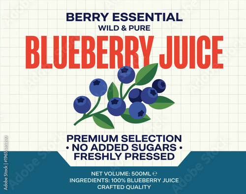 Packaging label design for blueberry juice with focus on natural ingredients and quality selection