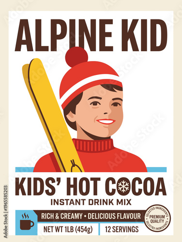 Label for kids hot cocoa drink mix showing a boy with skis and a winter hat and providing product details and serving size