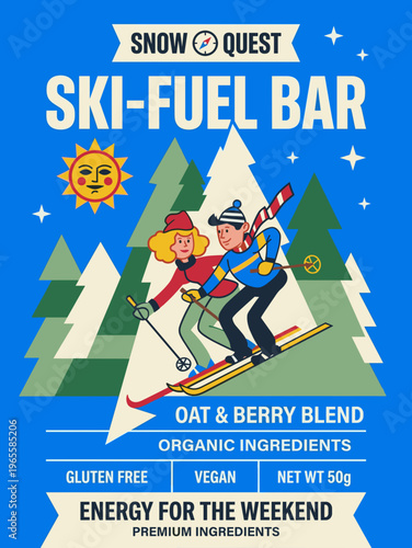 Ski-fuel bar packaging label featuring oat and berry blend with active winter scene