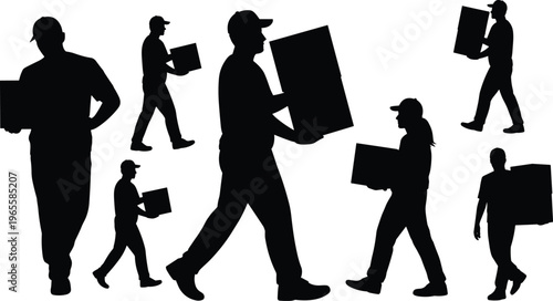 Set of delivery workers carrying boxes silhouettes isolated on white background, logistics and shipping concept with courier, warehouse staff, vector illustration