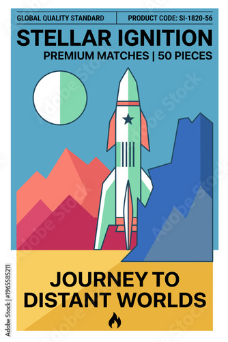 Vector packaging label for Stellar Ignition premium matches featuring a rocket and mountains with a focus on space exploration