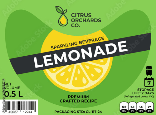Sparkling beverage label for lemonade with details about storage and volume in a simple design