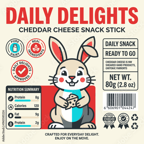 Cheddar cheese snack stick label design featuring a rabbit and nutrition details for daily use