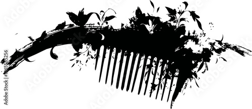 floral decorative hair comb silhouette with leaves and butterflies design elements