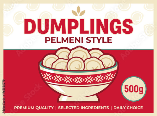 Dumplings pelmeni style packaging design featuring a bowl of dumplings with weight and quality information
