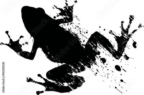 Silhouette of a frog with ink splatter effect, artistic splash design, abstract amphibian shape