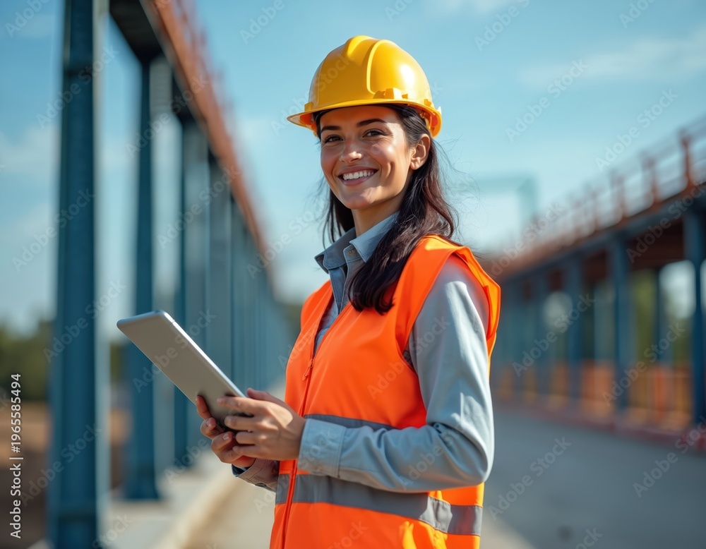 Obraz premium Smiling woman engineer in hard hat and safety vest holds tablet computer on bridge construction site. She works on infrastructure project using tech.