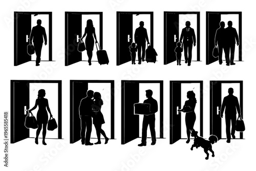 Silhouettes entering doors: diverse activities and interactions.