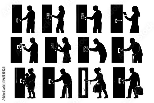 Silhouette figures operating doors with diverse actions and accessories.