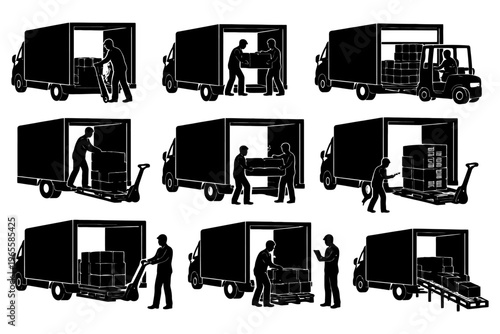 Silhouettes of workers loading and unloading delivery trucks.