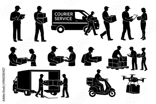 Silhouette courier service: delivery workers and vehicles in various scenarios.