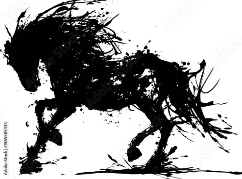 dynamic black horse silhouette with splash ink effect in motion galloping fast