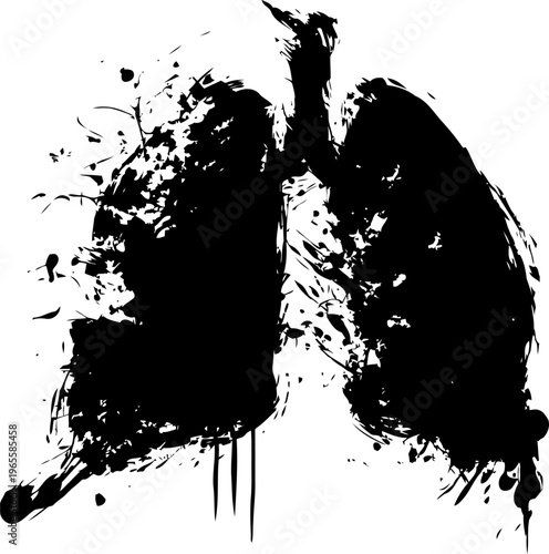Abstract black ink splash forming human lungs silhouette, artistic grunge design symbolizing respiratory health