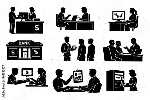 Business and banking silhouettes: meetings transactions finance atm charts.