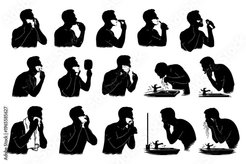 Silhouette of male shaving routine: steps from lathering to rinsing face.