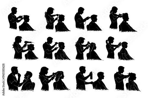 Silhouetted hair salon scenes: haircut and styling for men and women.