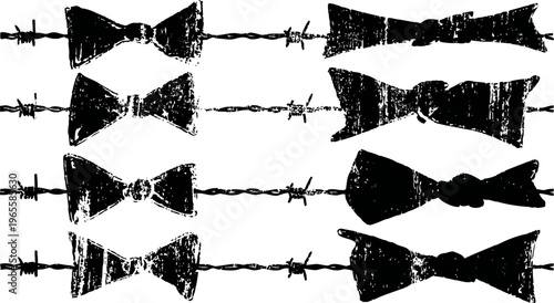 Black grunge bow ties on barbed wire vintage silhouette collection of different bow tie designs