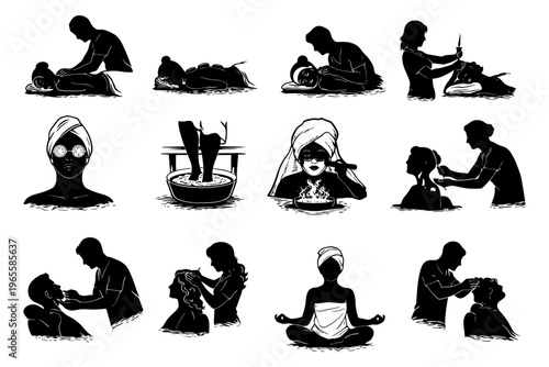 Silhouettes of spa and salon activities featuring men and women.