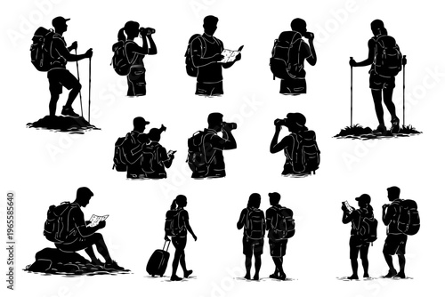 Silhouettes of diverse hikers with backpacks and hiking gear.