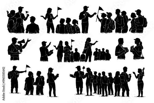 Silhouette group interactions and guided tours with diverse people and signs.