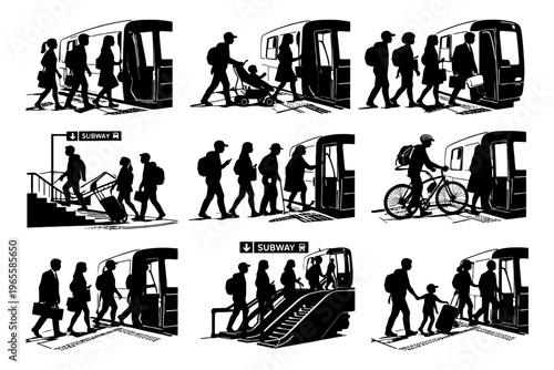 Silhouettes commuting on subway: diverse figures in transit.