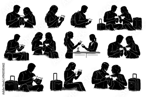 Silhouette travel scenes: passengers checking tickets and boarding.