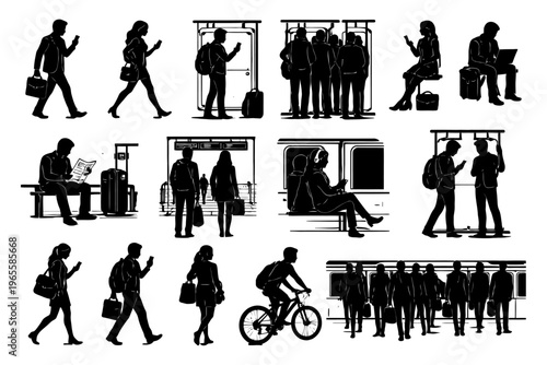 Silhouettes of diverse commuters using public transportation and gadgets.