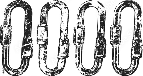 Set of four vintage carabiners with worn weathered metal texture isolated on white background