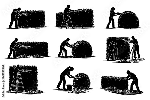 Silhouettes of people trimming hedges and gardening activities.