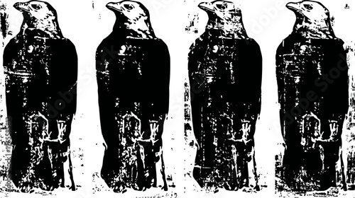 Four black ravens standing in a row with detailed feathers and strong posture