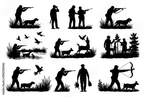 Silhouettes of hunters and dogs in various scenes with wildlife.