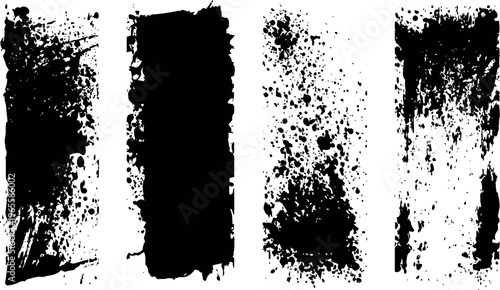 Four vertical grunge textures with distressed, splattered, and scratched black ink patterns on white backgrounds
