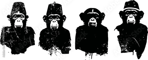Four stylized chimpanzee portraits in black and white, abstract ink splatter art, expressive primate faces