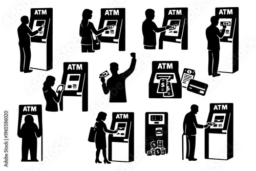 Silhouettes of people using atm machines in various positions.