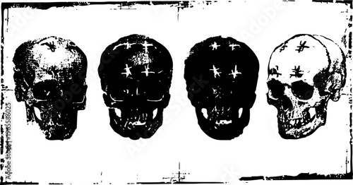 Vintage black and white illustration of human skulls from different angles with textured background