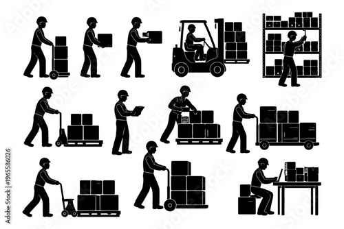 Silhouettes of warehouse workers with equipment and shelves.
