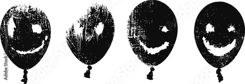 halloween black balloons with glowing scary jack o lantern faces, spooky decorations for party