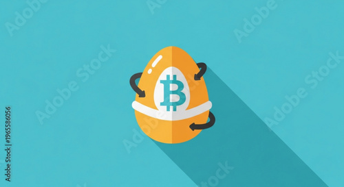 Cartoon bitcoin egg character with white band and shadow on teal background symbolizing cryptocurrency and finance