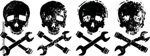 grunge skull and crossed wrench designs, mechanic and repair concept, vintage distressed icons