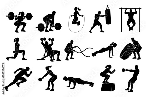 Silhouette mixed gender fitness workout: weightlifting, cardio, boxing, functional training.