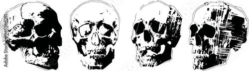 Four black and white artistic skull illustrations in different angles with textured shading