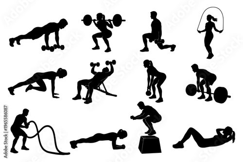 Silhouettes of diverse fitness activities depicting male and female workout exercises.