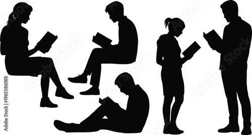 Set of people reading books silhouettes isolated on white background, men and women reading in different poses, education and learning concept vector illustration