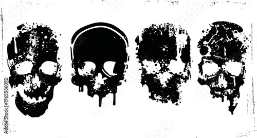 Four artistic skull designs in black ink abstract and grunge spooky human skull illustrations
