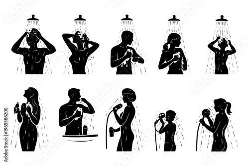 Silhouette of diverse people showering: personal care and hygiene routine.