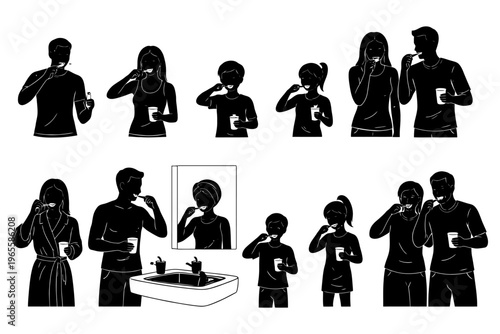 Silhouette of diverse individuals practicing oral hygiene in various scenarios.